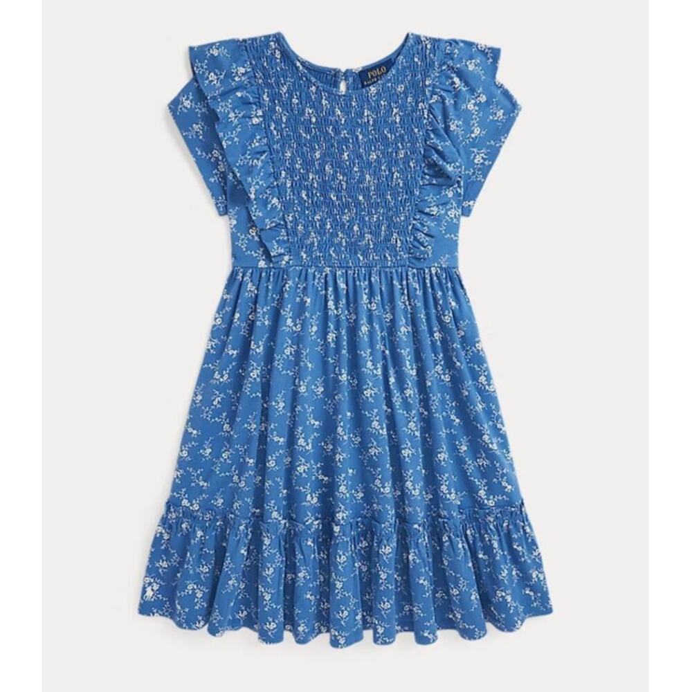 POLO RALPH LAUREN Girls' Floral Smocked Cotton Jersey Dress Size XL